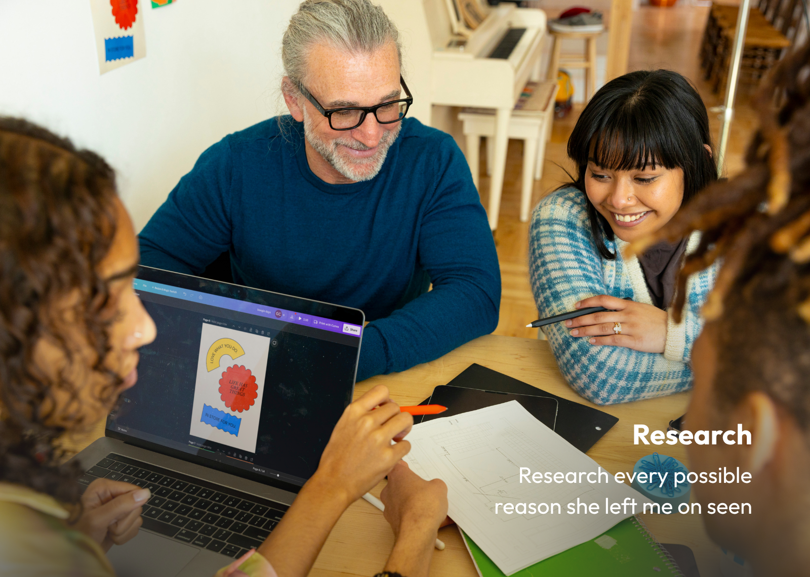 Finkkle Igno Research feature showing people collaborating around a laptop and research materials.